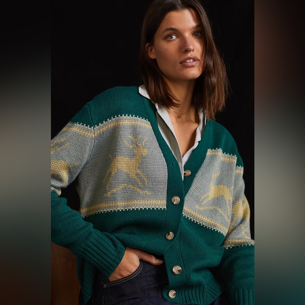 Anthropologie Tiny Reindeer Cardigan Sweater (Size L)